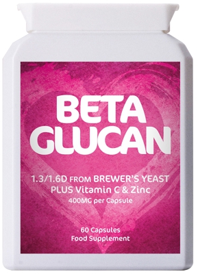 Photograph of a tub of Treasure Your Health Beta Glucan 1.3 1.6 D Immune Complex capsules with Vitamin C and Zinc