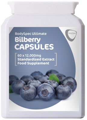 Picture of a tub of BodySpec Ultimate Bilberry Standardised Extract Capsules