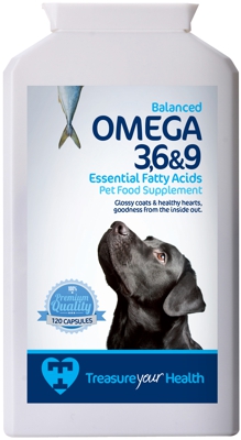 Photograph of a tub of omega 369 capsules for dogs and cats