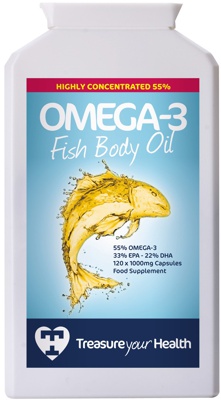 photo of triple strength omega-3 fish oil 1000mg capsules with 33% EPA and 22% DHA