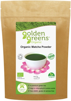 packet of golden greens organic Matcha Tea, 50g and 100g