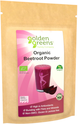 Photograph of a packet of Golden Greens Organic Beetroot powder 200g