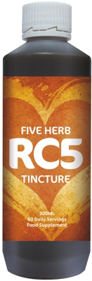 Photograph of bottle of RC5 Strong Essiac 5-Herb Tincture