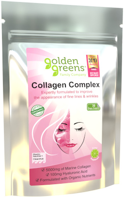 Photograph of packet of Golden Greens Collagen Complex 300g for the reduction of fine lines and wrinkles