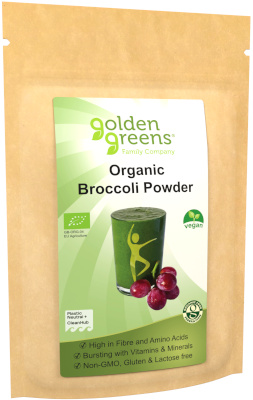 photograph of a packet of golden greens organic broccoli powder 200g
