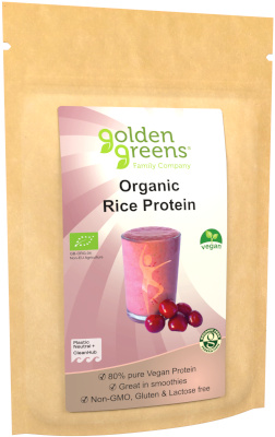 photograph of a packet of golden greens organic rice protein powder 250g