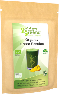Photograph of a packet of golden greens organic Green Passion powder, 90g and 200g