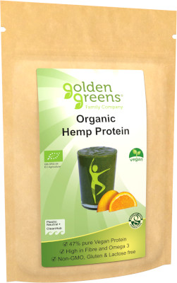photograph of a packet of golden greens organic hemp protein powder 250g