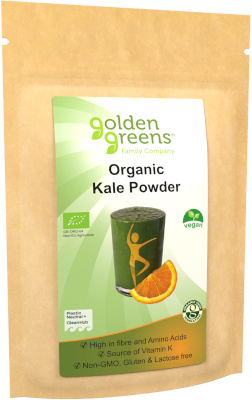 photograph of a packet of golden greens organic kale powder 200g