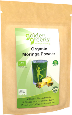 photograph of a packet of golden greens organic Moringa Tree Leaf powder 200g
