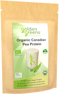 photograph of a packet of golden greens organic pea protein powder