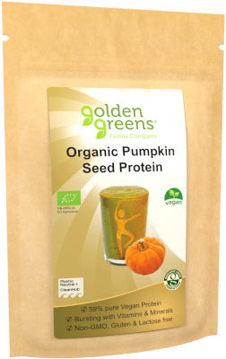 photograph of a packet of golden greens organic pumpkin protein powder 250g