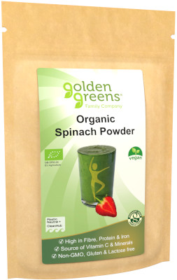photograph of a packet of golden greens organic spinach powder 200g