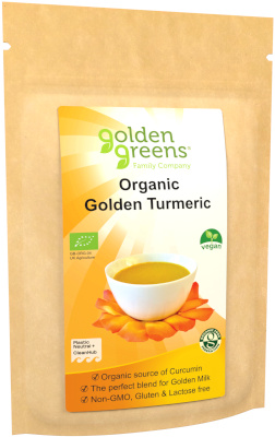 photograph of a packet of golden greens organic golden turmeric powder